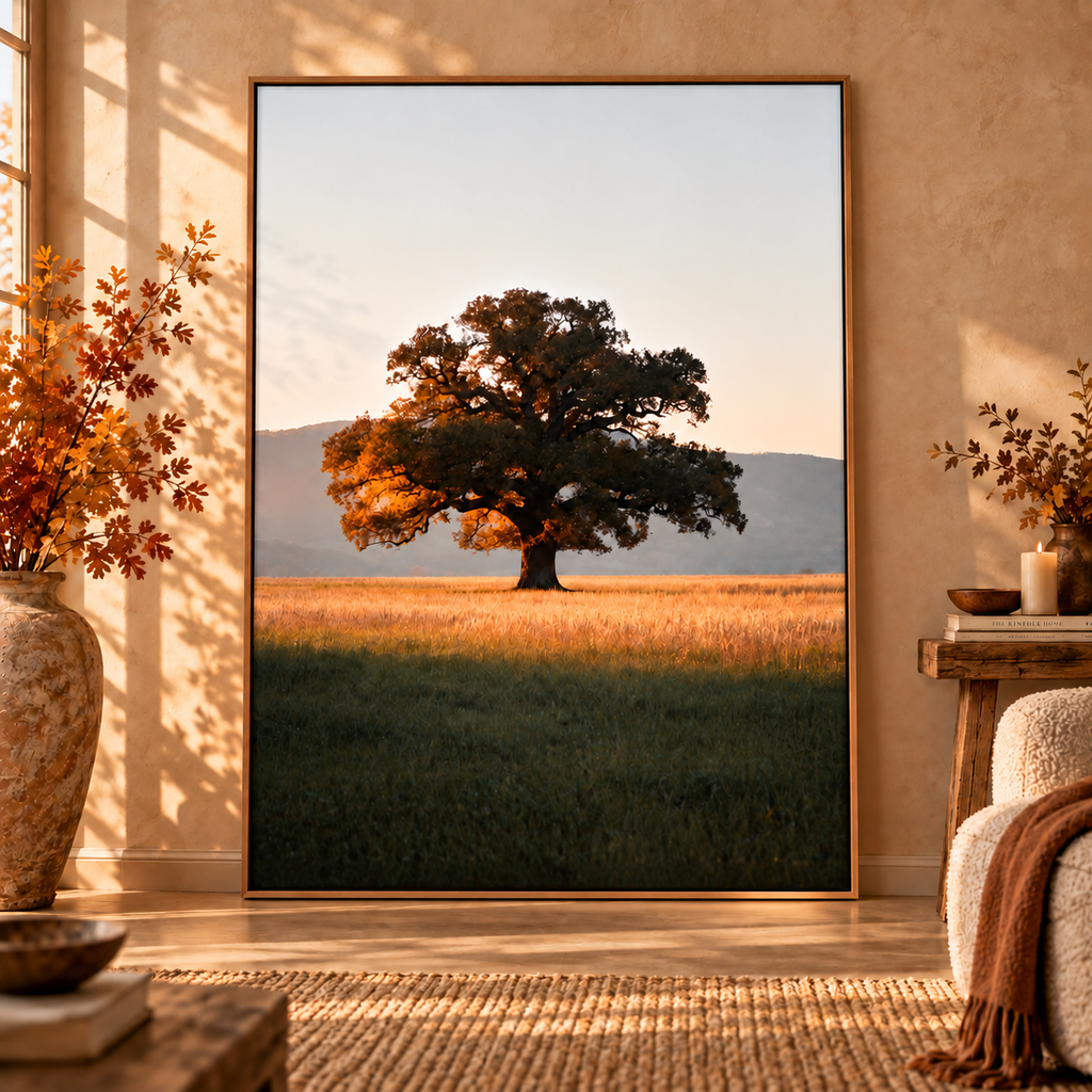 Oak Tree Wall Art: Autumn Countryside Landscape Photography, Golden Hour Nature Decor Printable