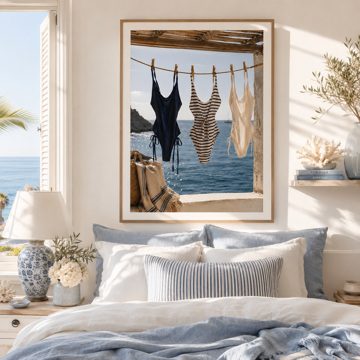 Coastal Swimsuit Wall Art: Hanging Bikini Photography, Mediterranean Summer Beach House Decor Printable