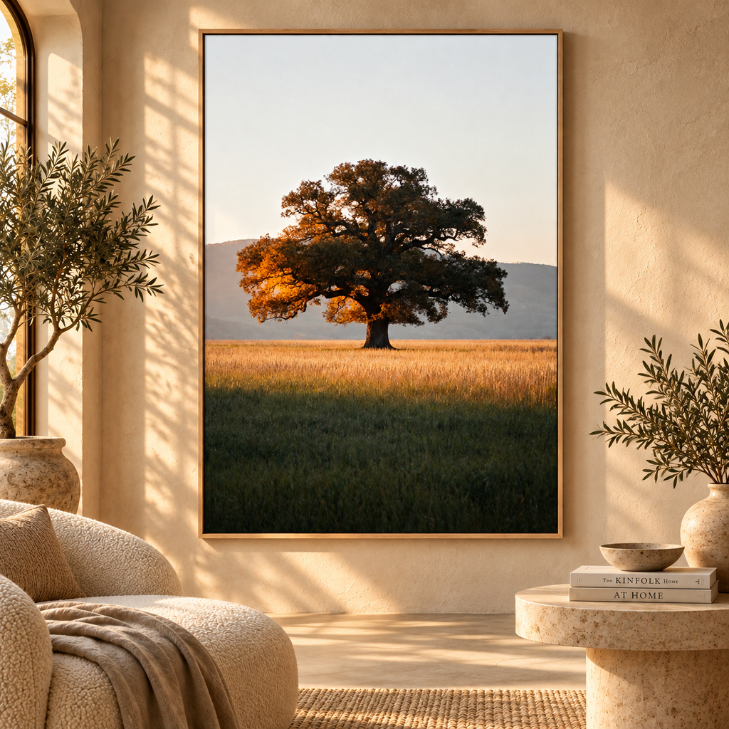 Oak Tree Wall Art: Autumn Countryside Landscape Photography, Golden Hour Nature Decor Printable