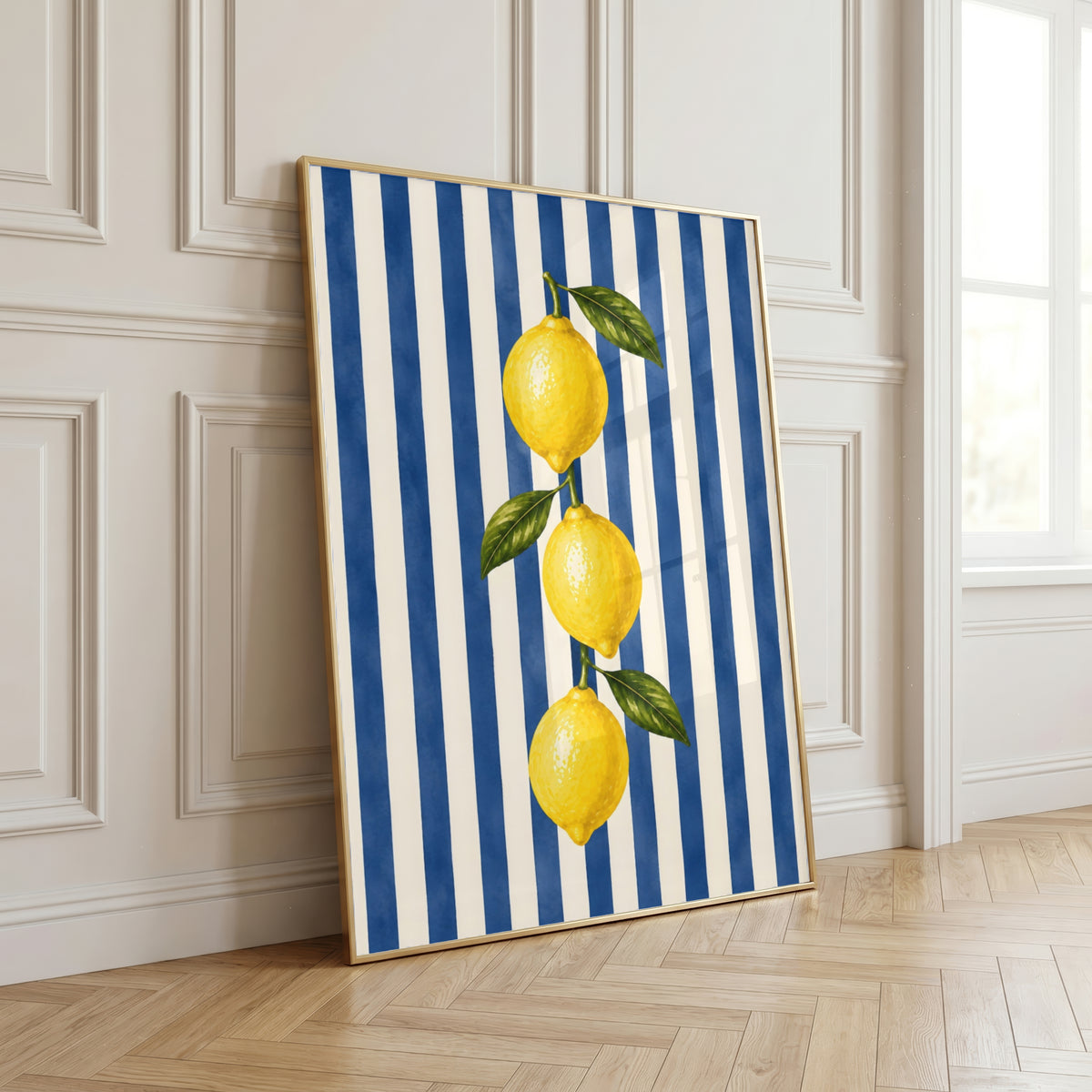 Lemon Wall Art: Mediterranean Italian Kitchen Decor, Blue Striped Printable