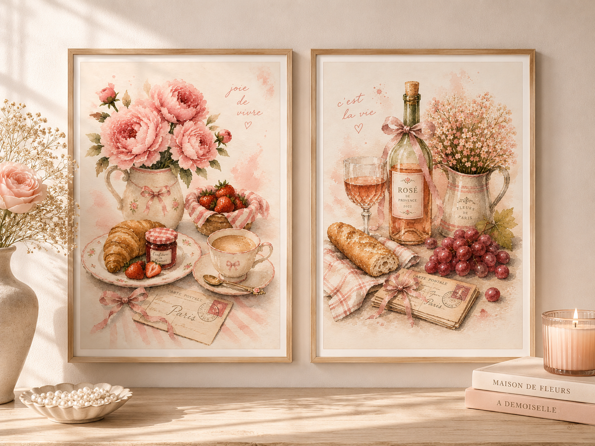 Parisian Romance Wall Art Set of 4: Feminine French Café Printable Collection
