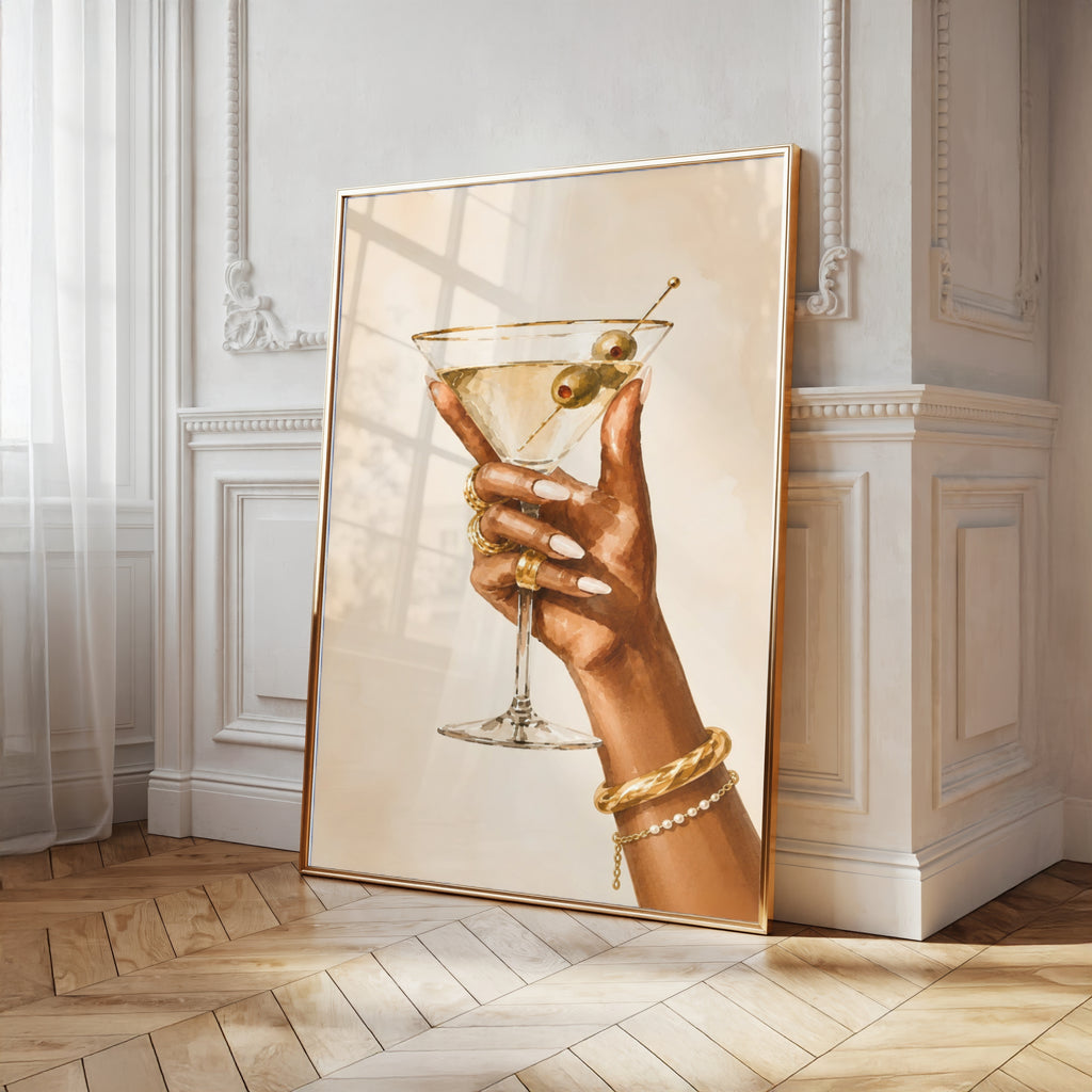 Martini Wall Art: Hand Holding Cocktail Glass, Feminine Bar Cart Decor, Chic Kitchen Printable