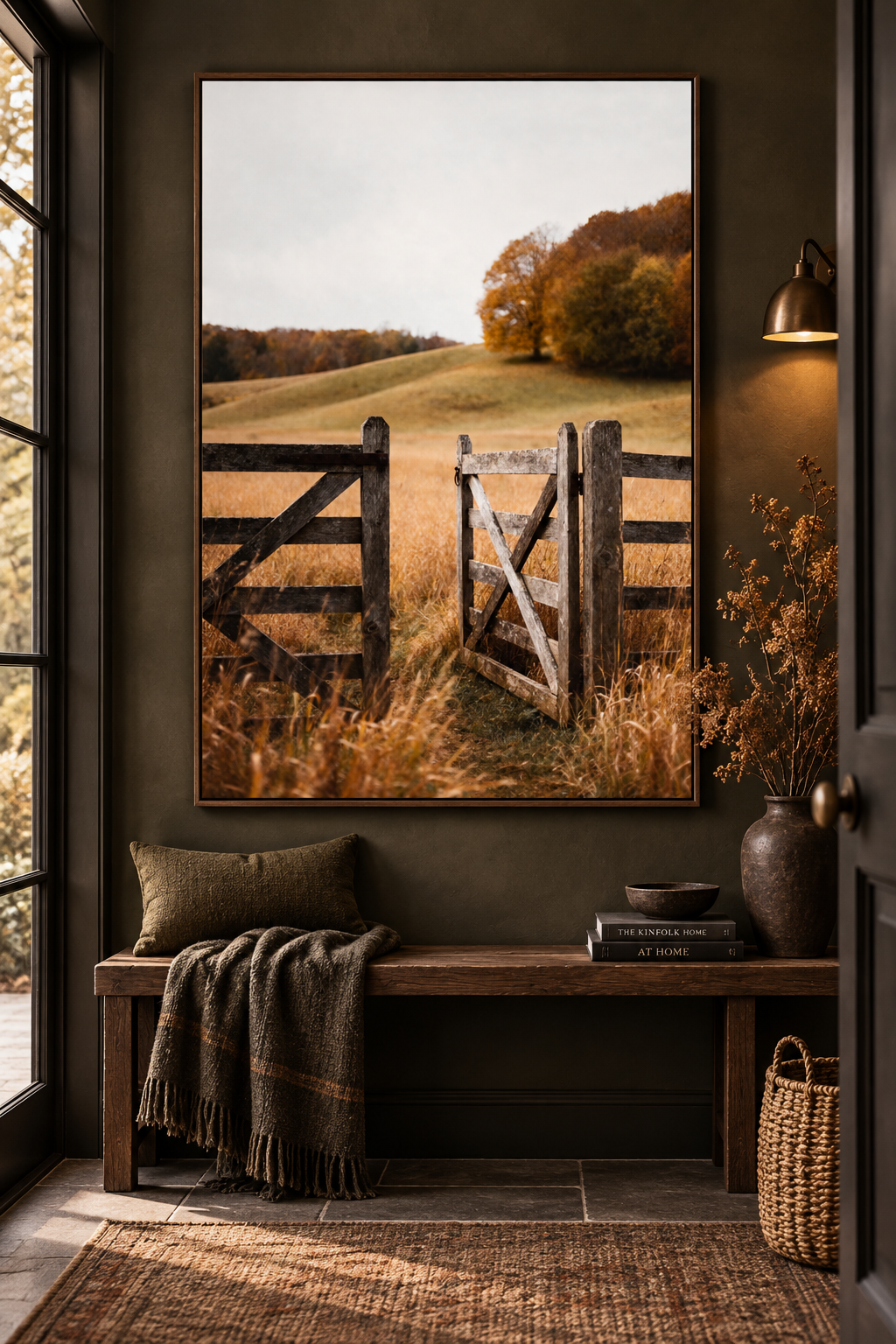 Autumn Countryside Wall Art: Wooden Gate Meadow Landscape Photography Printable