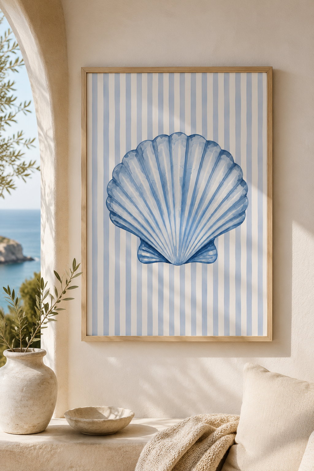 Coastal Seashell Wall Art Printable: Blue Striped Beach House Decor