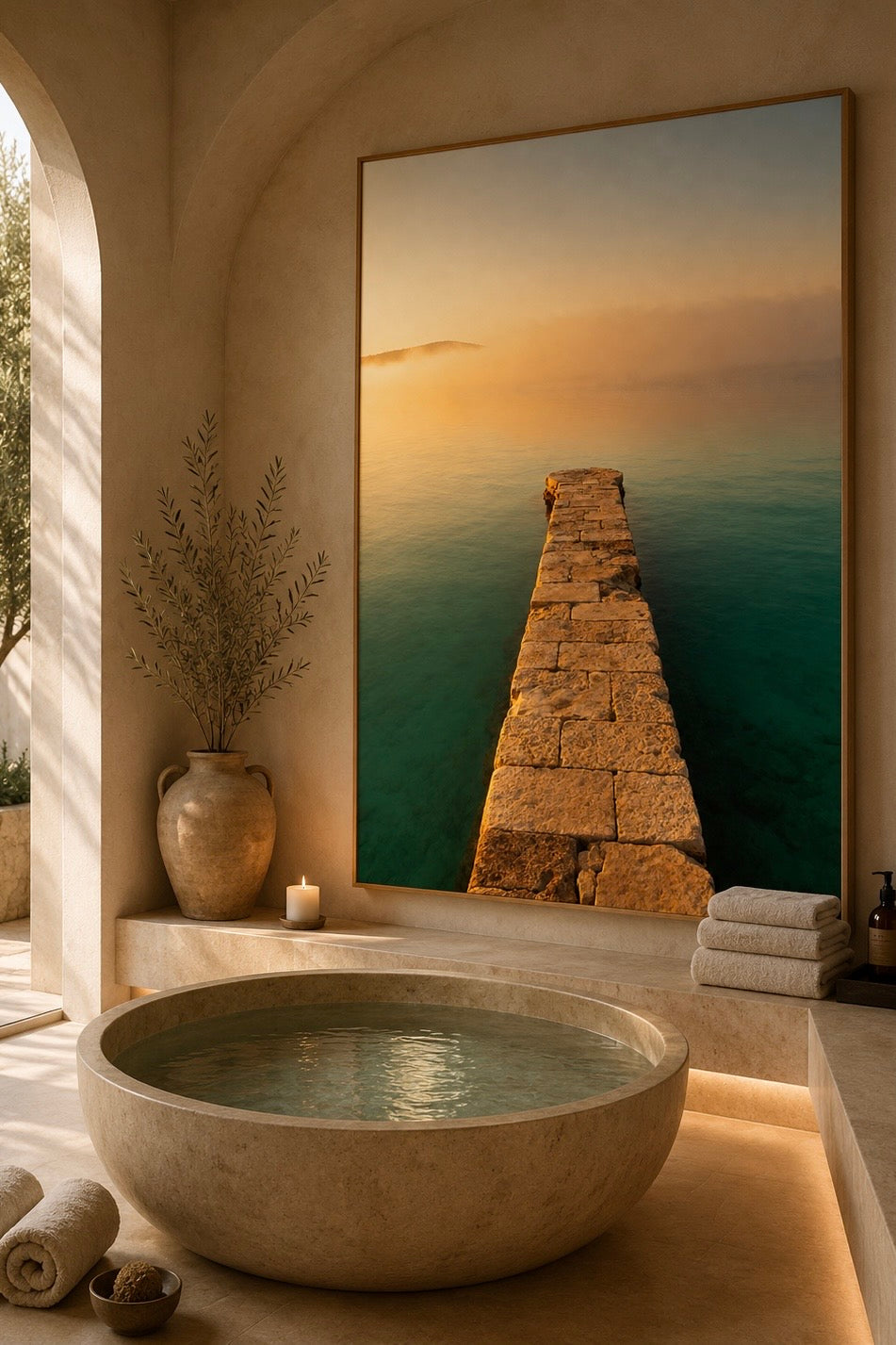 Mediterranean Coastal Wall Art: Stone Pier Bathroom Decor Printable