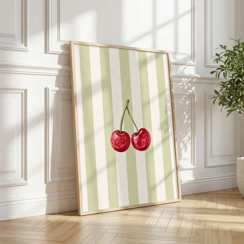 Cherry Wall Art Set of 3: Pastel Striped Bedroom Decor, Coquette Printable