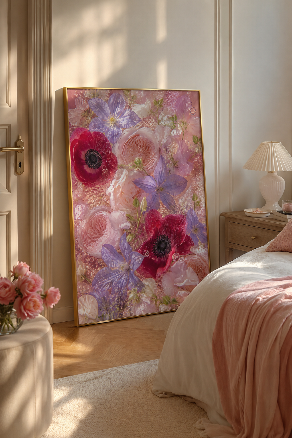 Pink Flower Wall Art: Romantic Anemone & Rose Photography, Feminine Bedroom Decor Printable