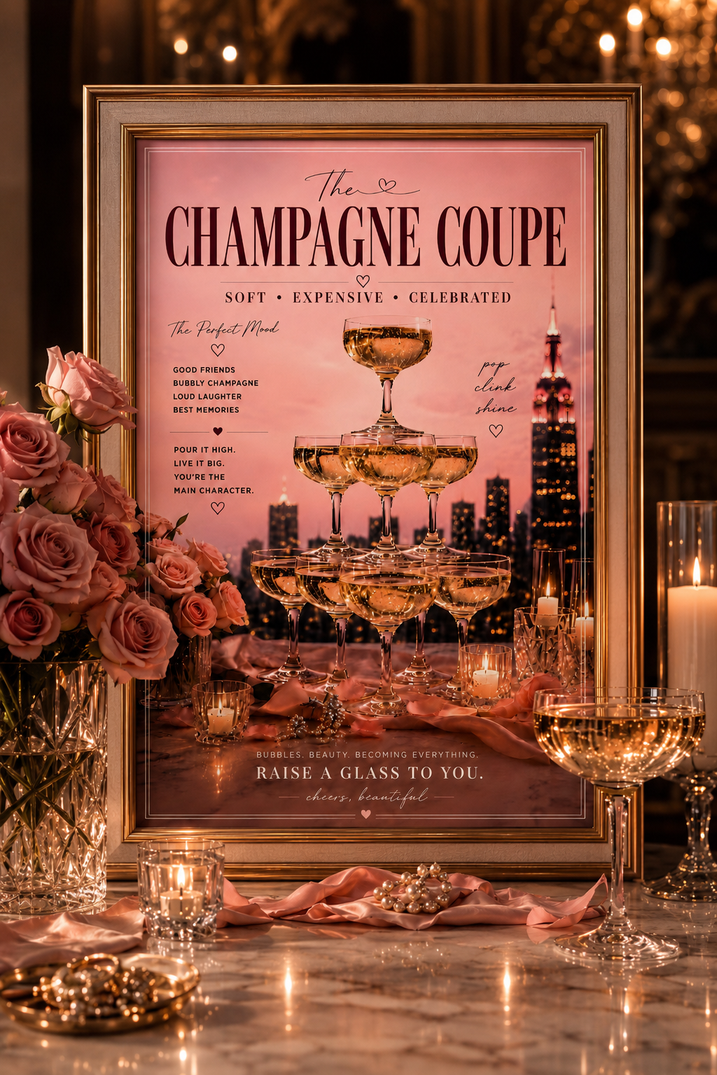 Pink Champagne Tower Cocktail Wall Art: Feminine Luxury Parisian Bar Cart Printable Poster