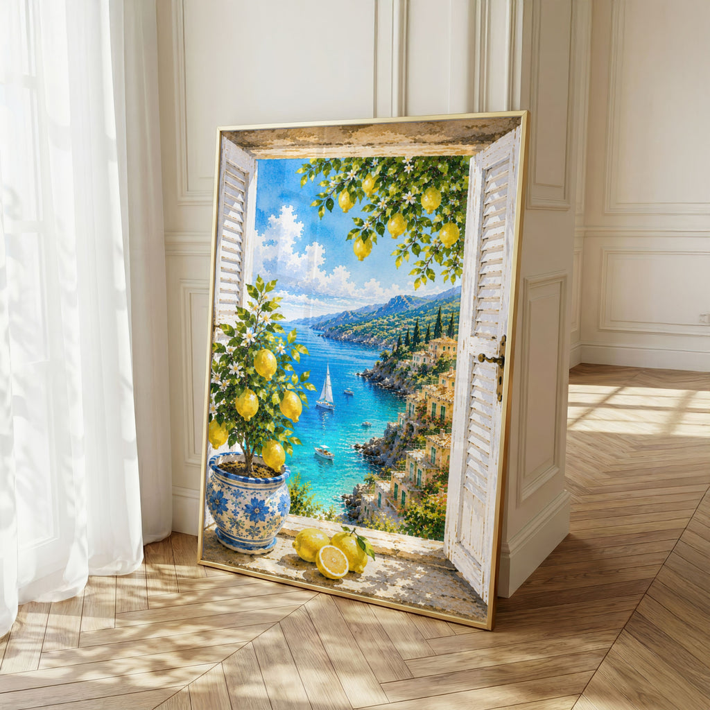 Mediterranean Window Wall Art Set of 3: Amalfi Coast Lemon Trees & Coastal Views Printable