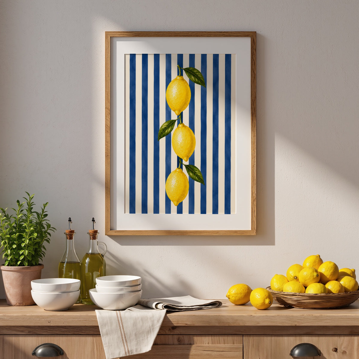 Lemon Wall Art: Mediterranean Italian Kitchen Decor, Blue Striped Printable