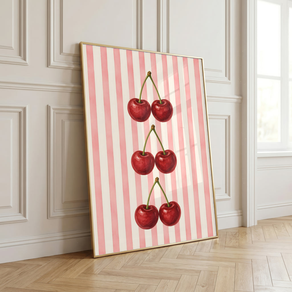 Striped Fruit Wall Art Set of 6: Colorful Modern Kitchen Decor, Lemon Cherry Printable