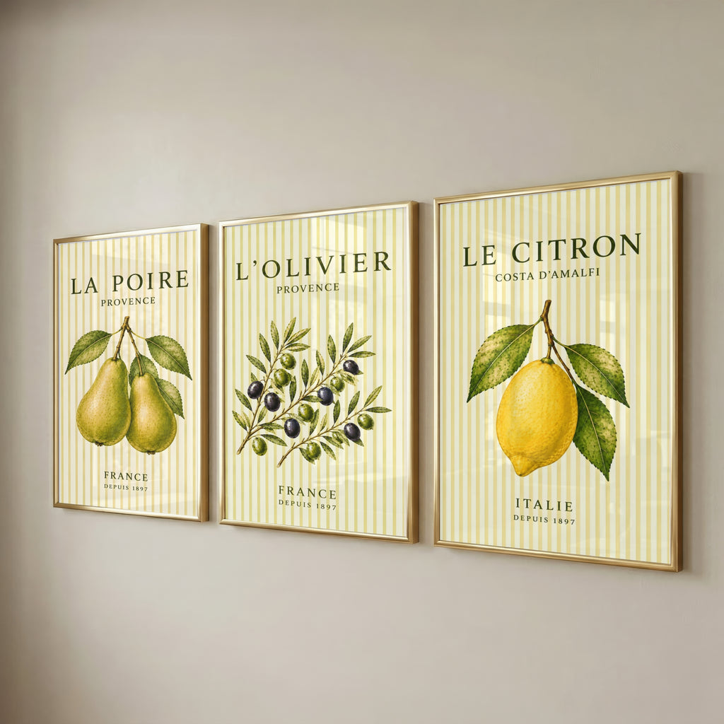 Mediterranean Striped Fruit Wall Art Set of 3: Lemon Pear Olive Printable