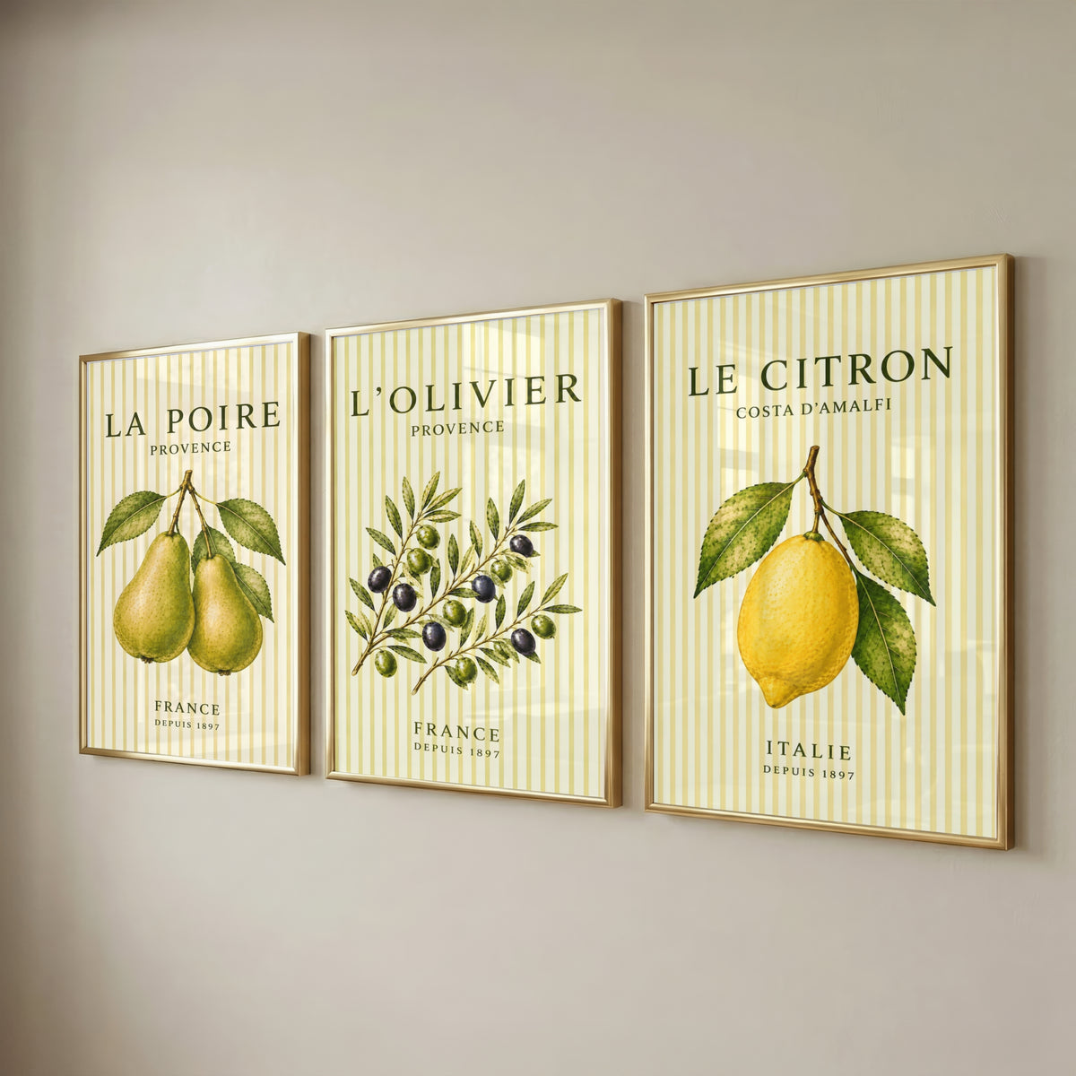 Mediterranean Striped Fruit Wall Art Set of 3: Lemon Pear Olive Printable