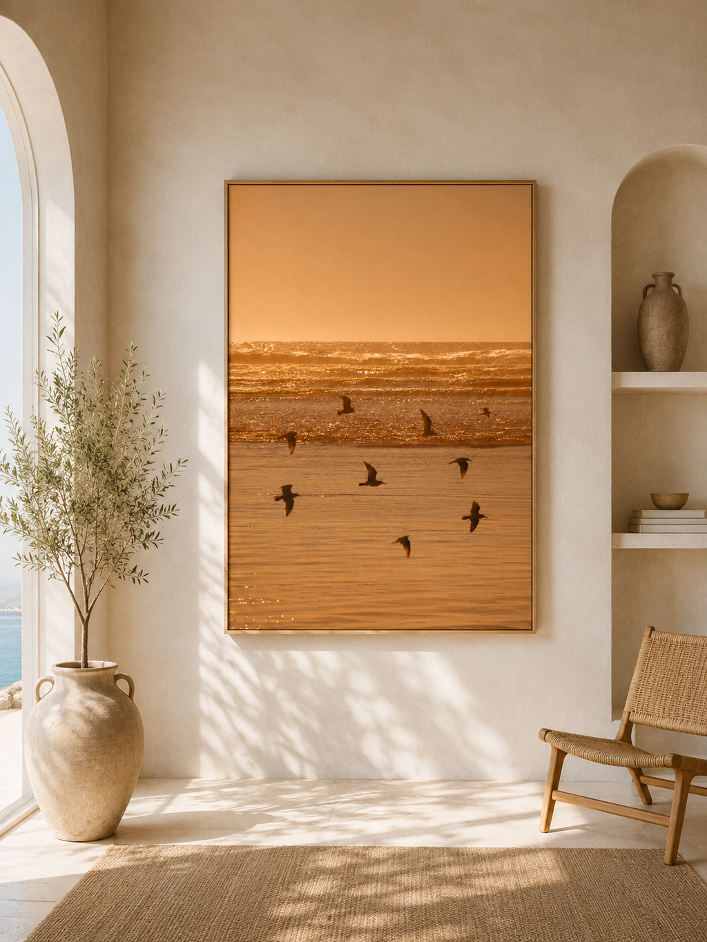 Sunset Wall Art: Golden Hour Beach Photography, Seagull Decor, Neutral Coastal Bedroom Printable