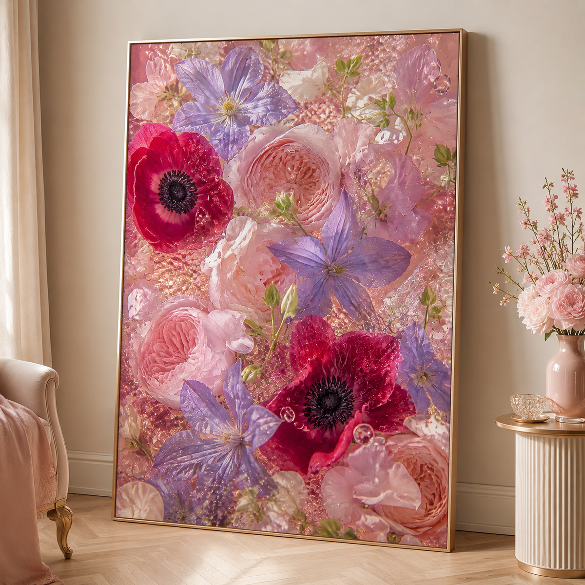 Pink Flower Wall Art: Romantic Anemone & Rose Photography, Feminine Bedroom Decor Printable