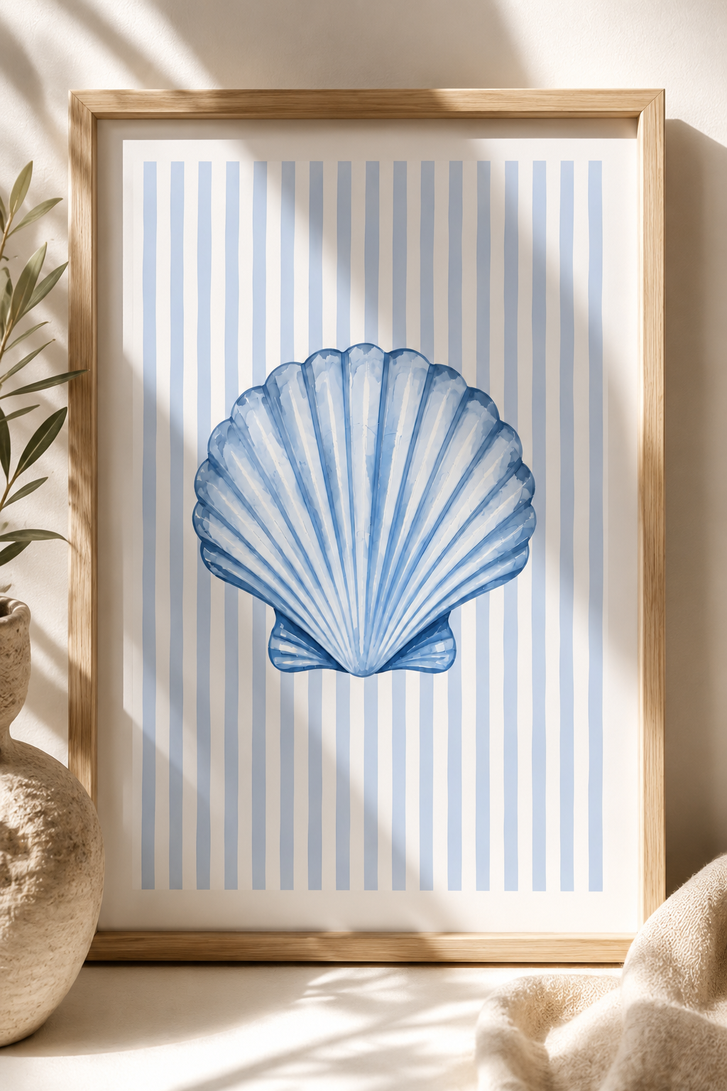 Coastal Seashell Wall Art Printable: Blue Striped Beach House Decor