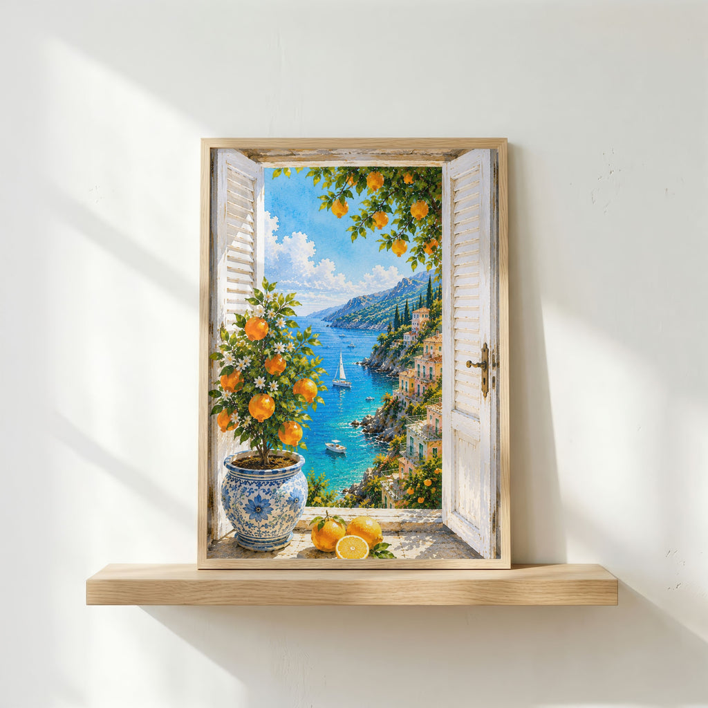 Mediterranean Window Wall Art Set of 3: Amalfi Coast Lemon Trees & Coastal Views Printable