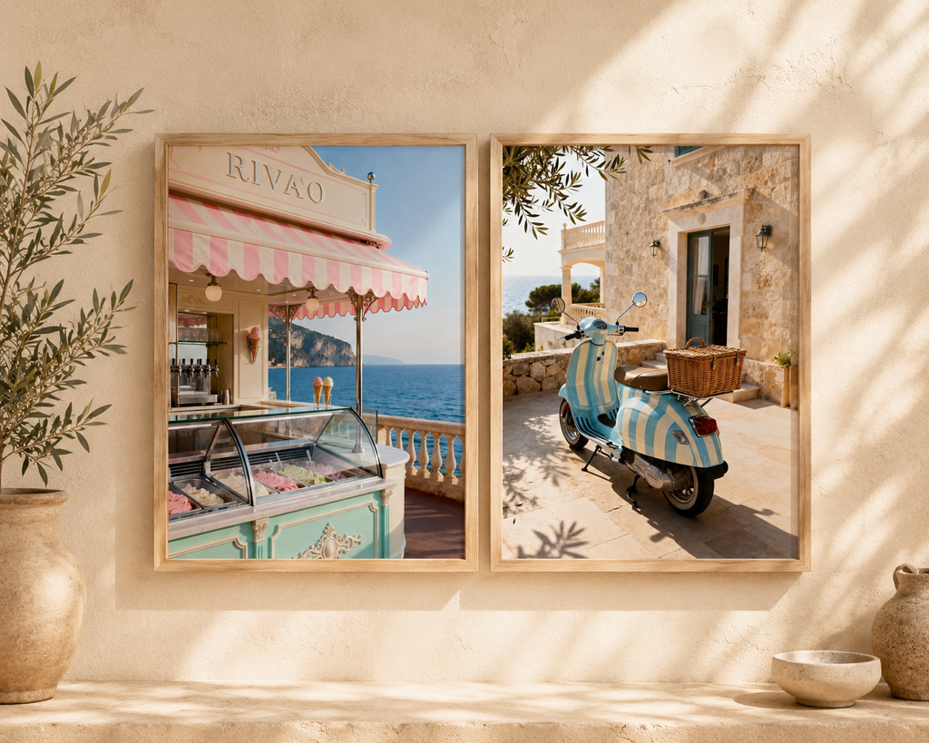 Italian Riviera Wall Art Set of 2: Vintage Scooter & Coastal Photography Printable