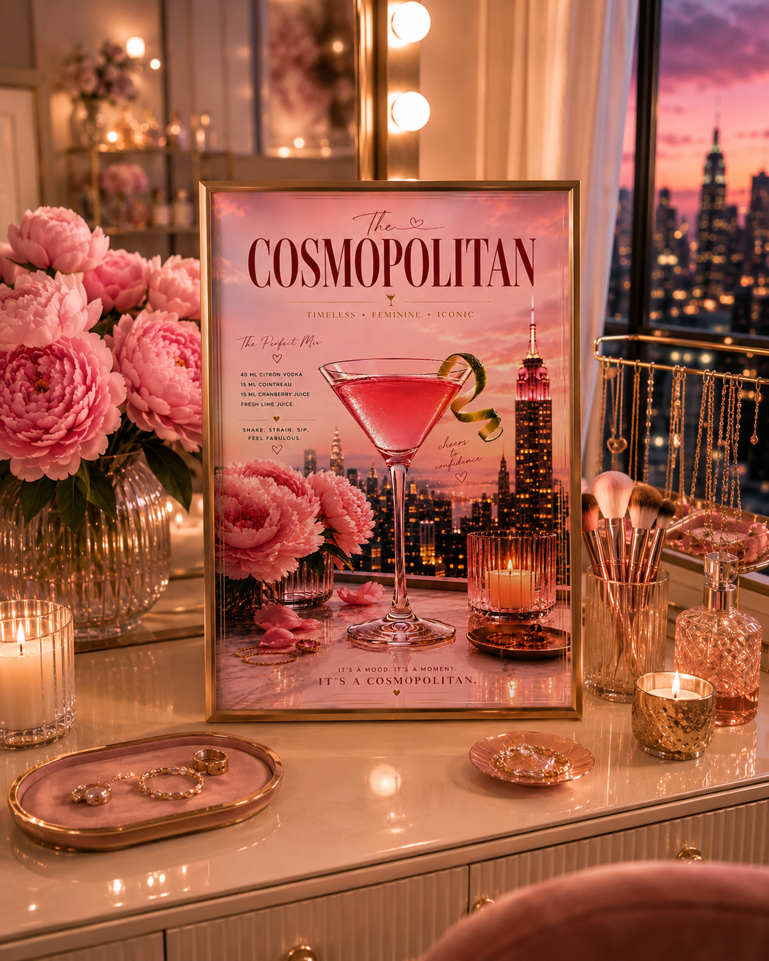 Pink Cosmopolitan Cocktail Wall Art: Feminine Luxury Apartment Printable Poster