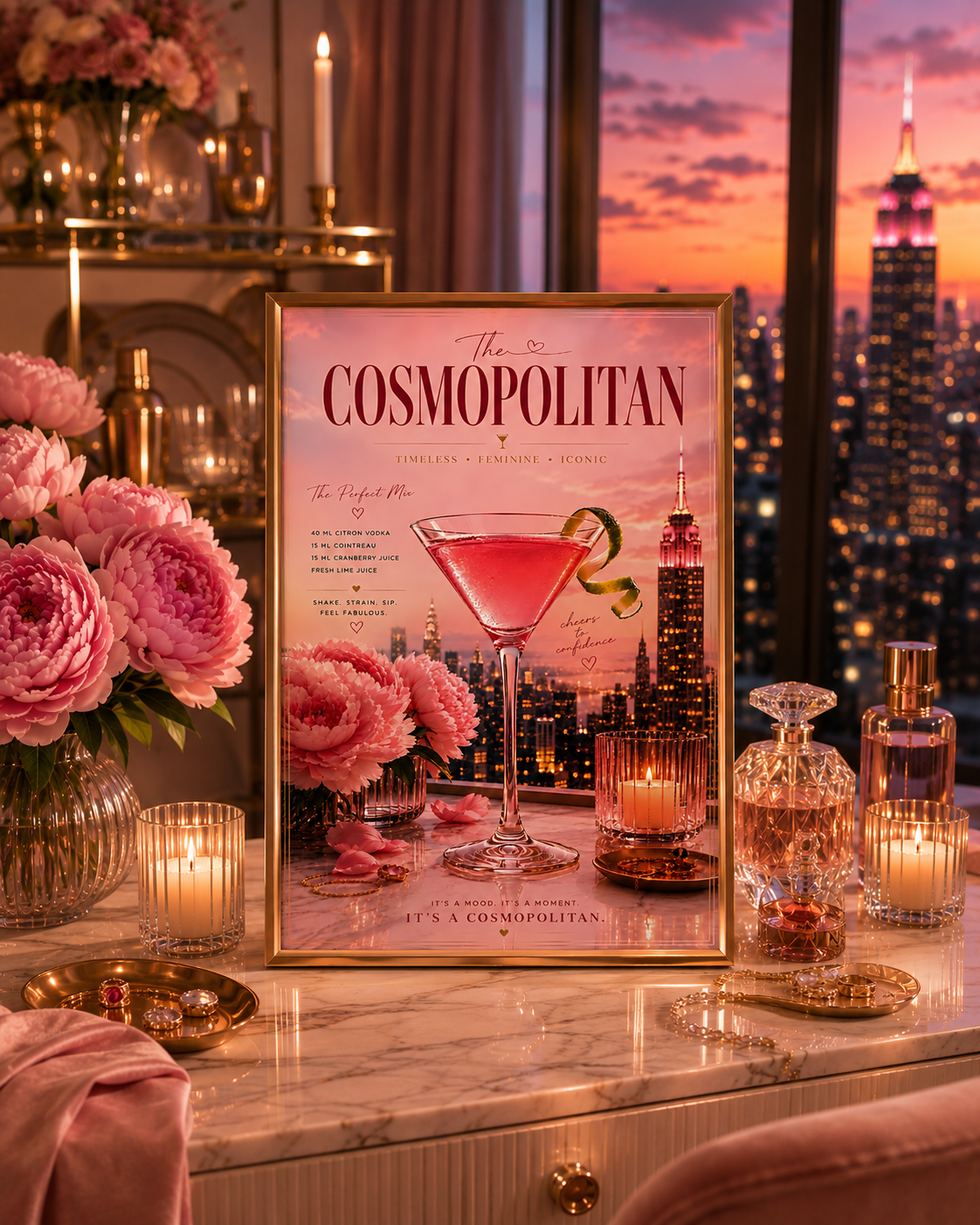Pink Cosmopolitan Cocktail Wall Art: Feminine Luxury Apartment Printable Poster
