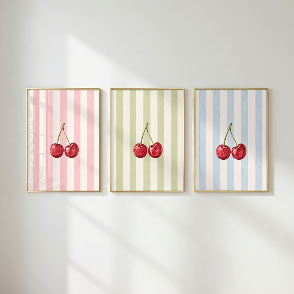 Cherry Wall Art Set of 3: Pastel Striped Bedroom Decor, Coquette Printable