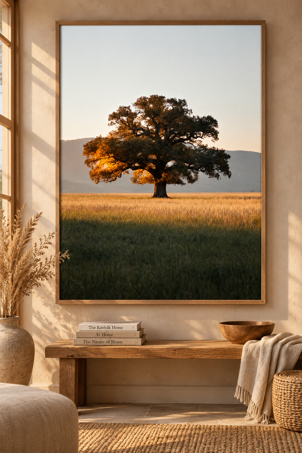 Oak Tree Wall Art: Autumn Countryside Landscape Photography, Golden Hour Nature Decor Printable