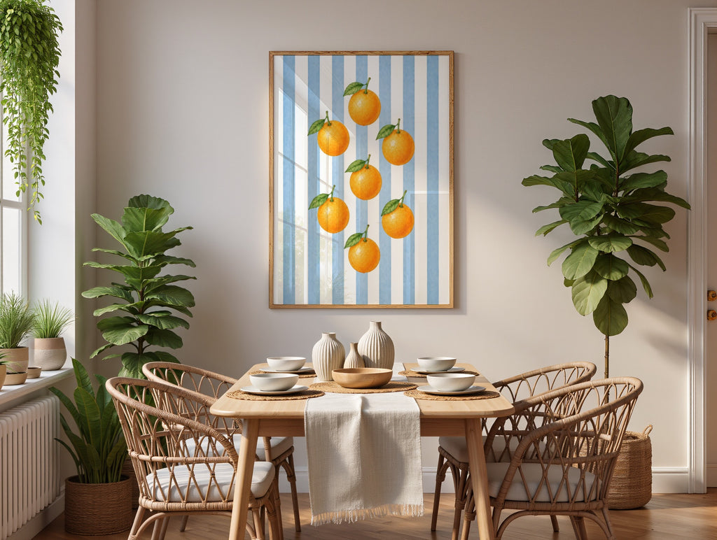 Striped Fruit Wall Art Set of 8: Colorful Kitchen Fruit Decor, Lemon Strawberry Cherry Printable