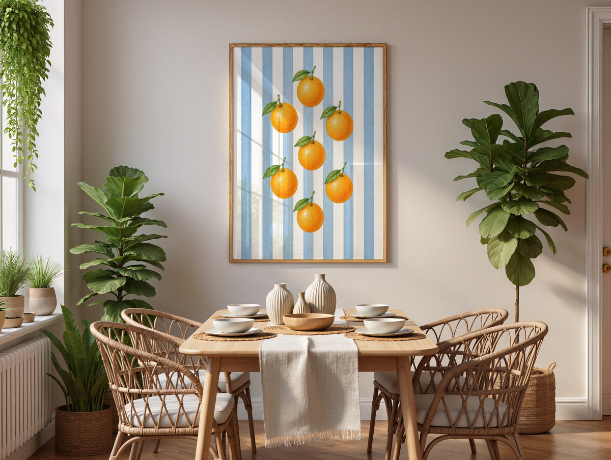Striped Fruit Wall Art Set of 8: Colorful Kitchen Fruit Decor, Lemon Strawberry Cherry Printable