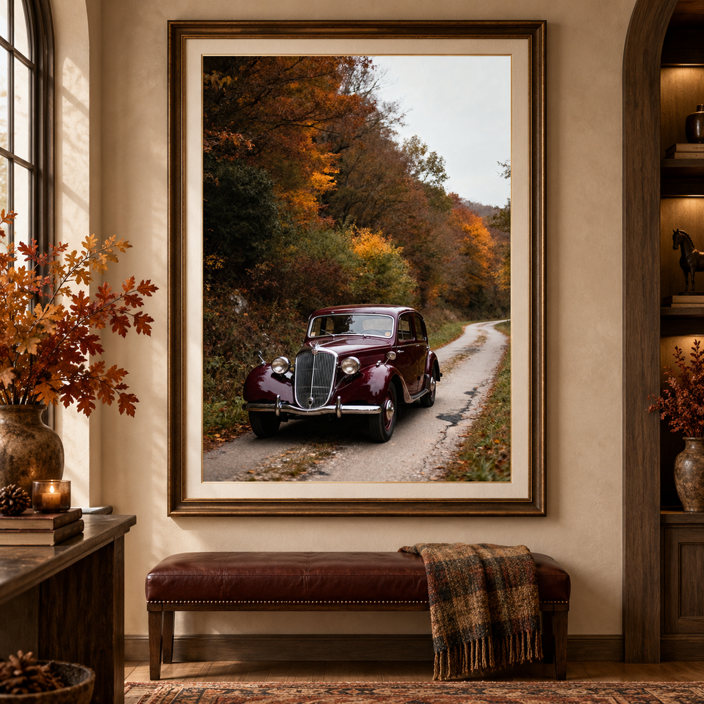 Vintage Car Wall Art: Burgundy Car on Autumn Country Road, Moody Fall Photography Printable