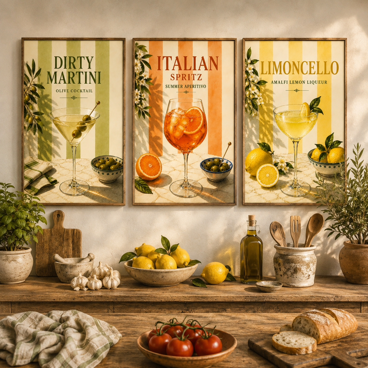 Mediterranean Cocktail Wall Art Set of 3: Italian Spritz, Limoncello & Dry Martini Printable