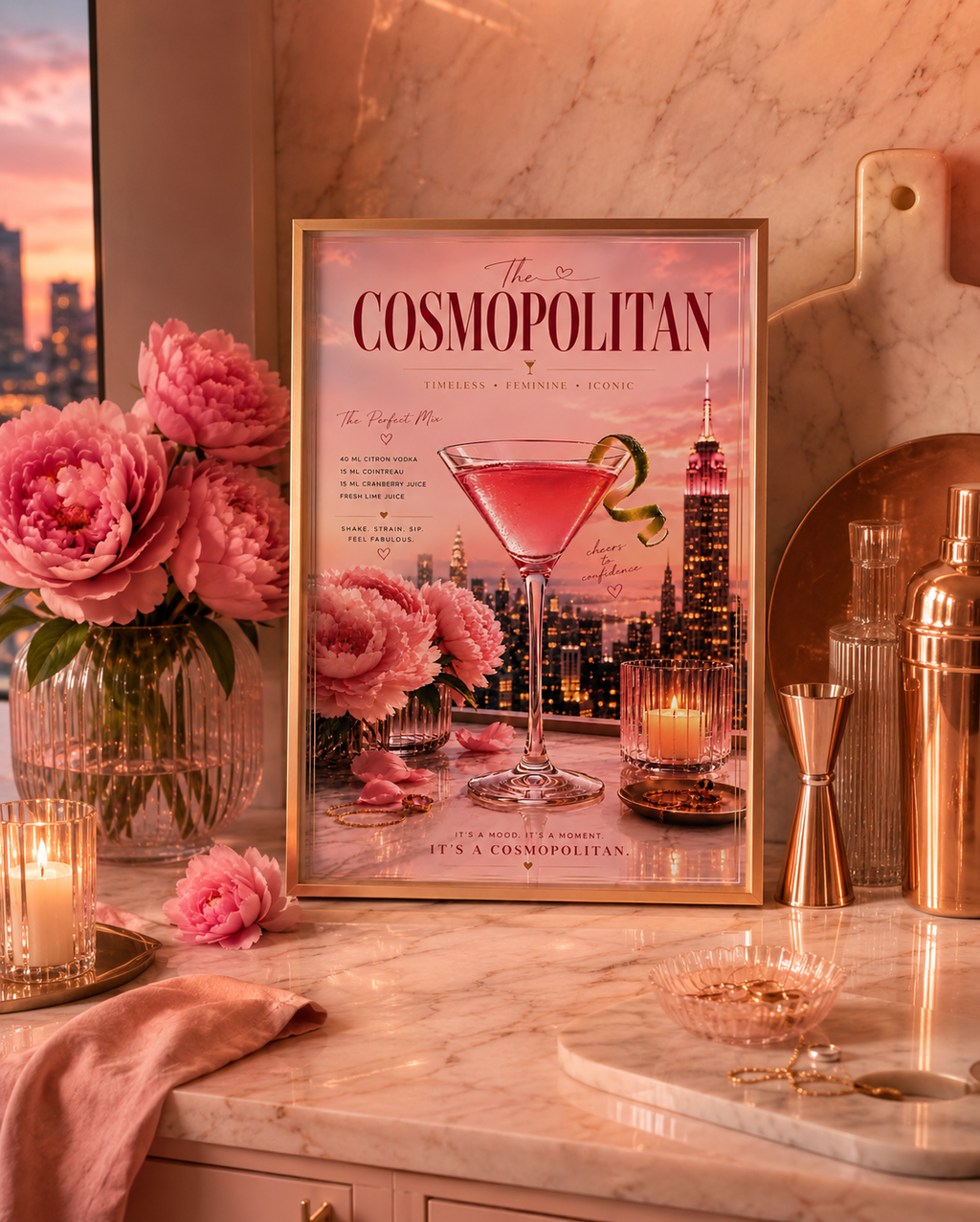 Pink Cosmopolitan Cocktail Wall Art: Feminine Luxury Apartment Printable Poster