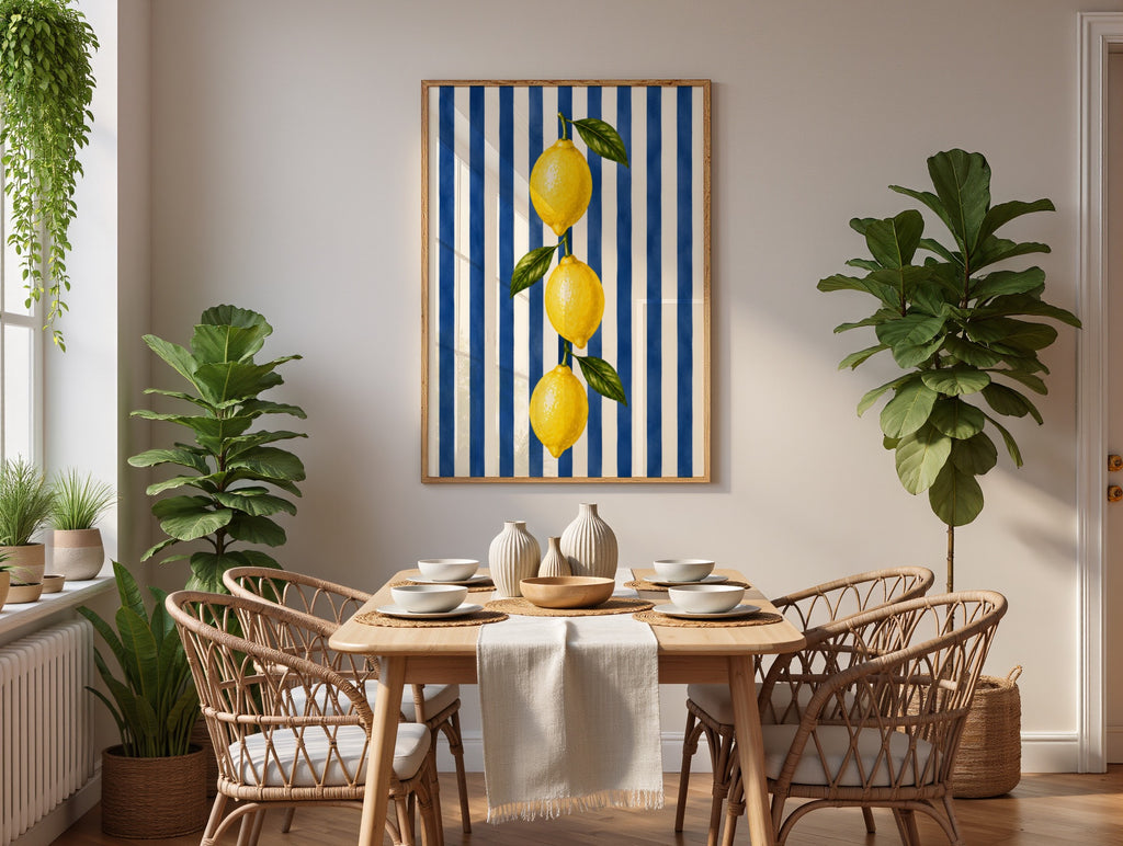 Lemon Wall Art: Mediterranean Italian Kitchen Decor, Blue Striped Printable