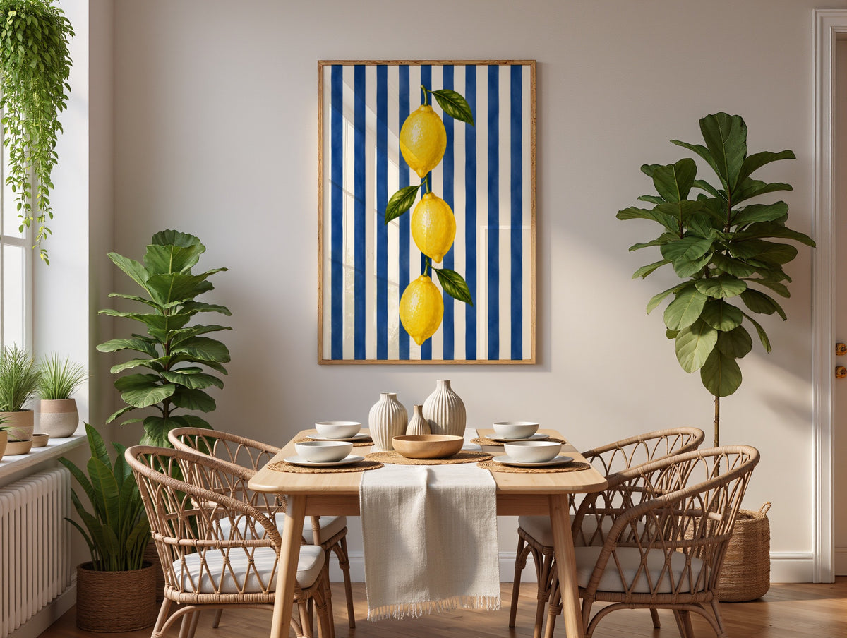 Lemon Wall Art: Mediterranean Italian Kitchen Decor, Blue Striped Printable