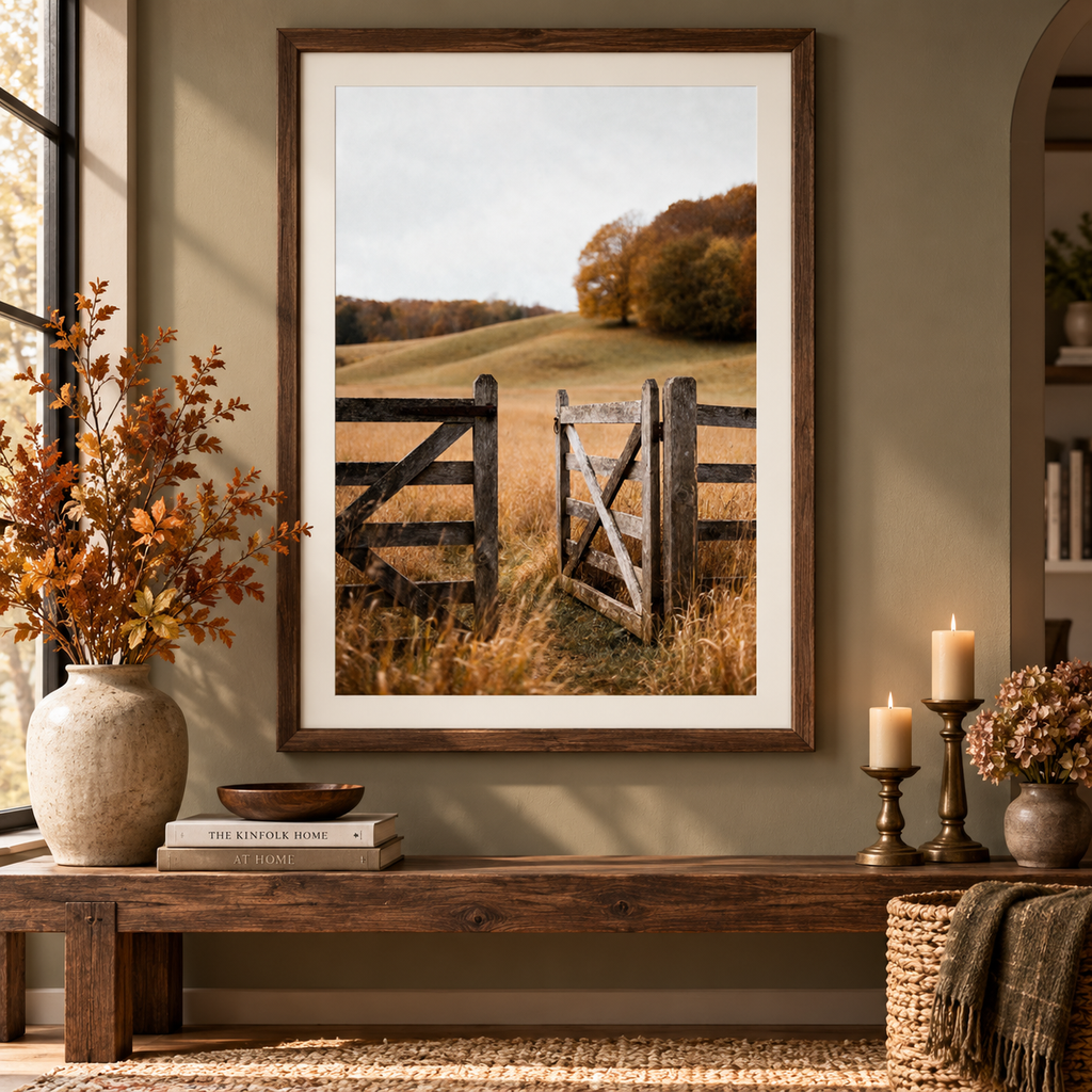 Autumn Countryside Wall Art: Wooden Gate Meadow Landscape Photography Printable