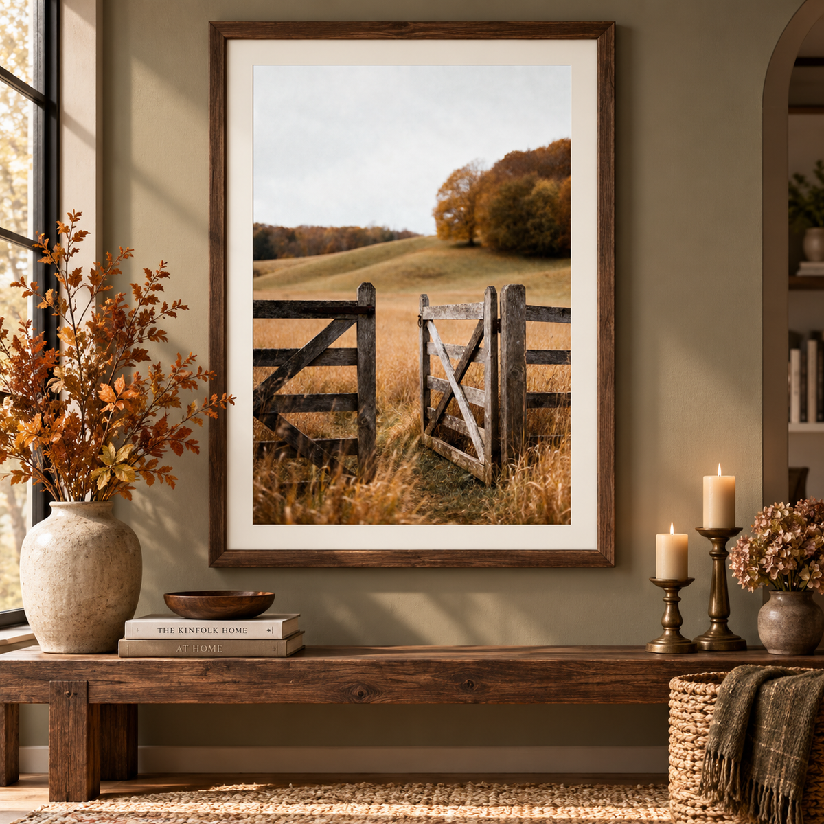 Autumn Countryside Wall Art: Wooden Gate Meadow Landscape Photography Printable