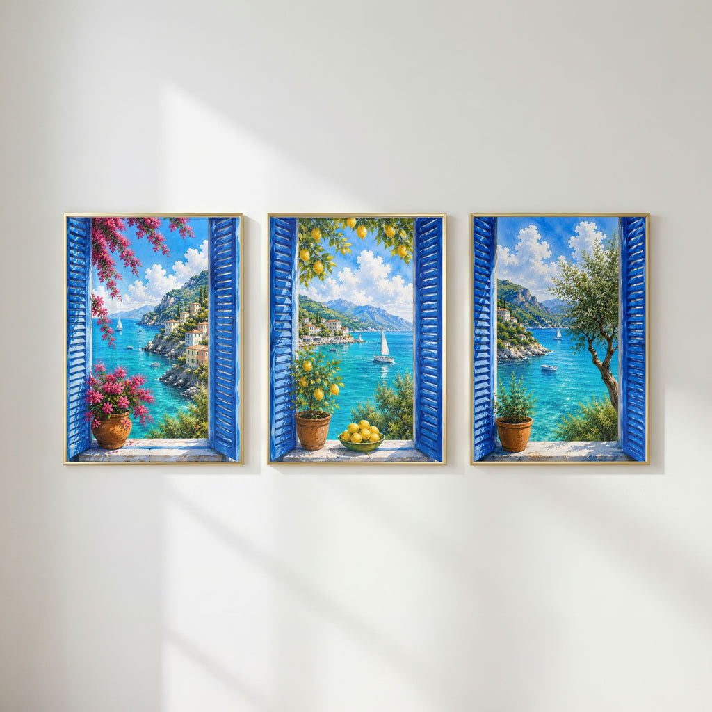 Mediterranean Window Wall Art Set of 3: Blue Shutters, Lemon Trees & Coastal Views Printable