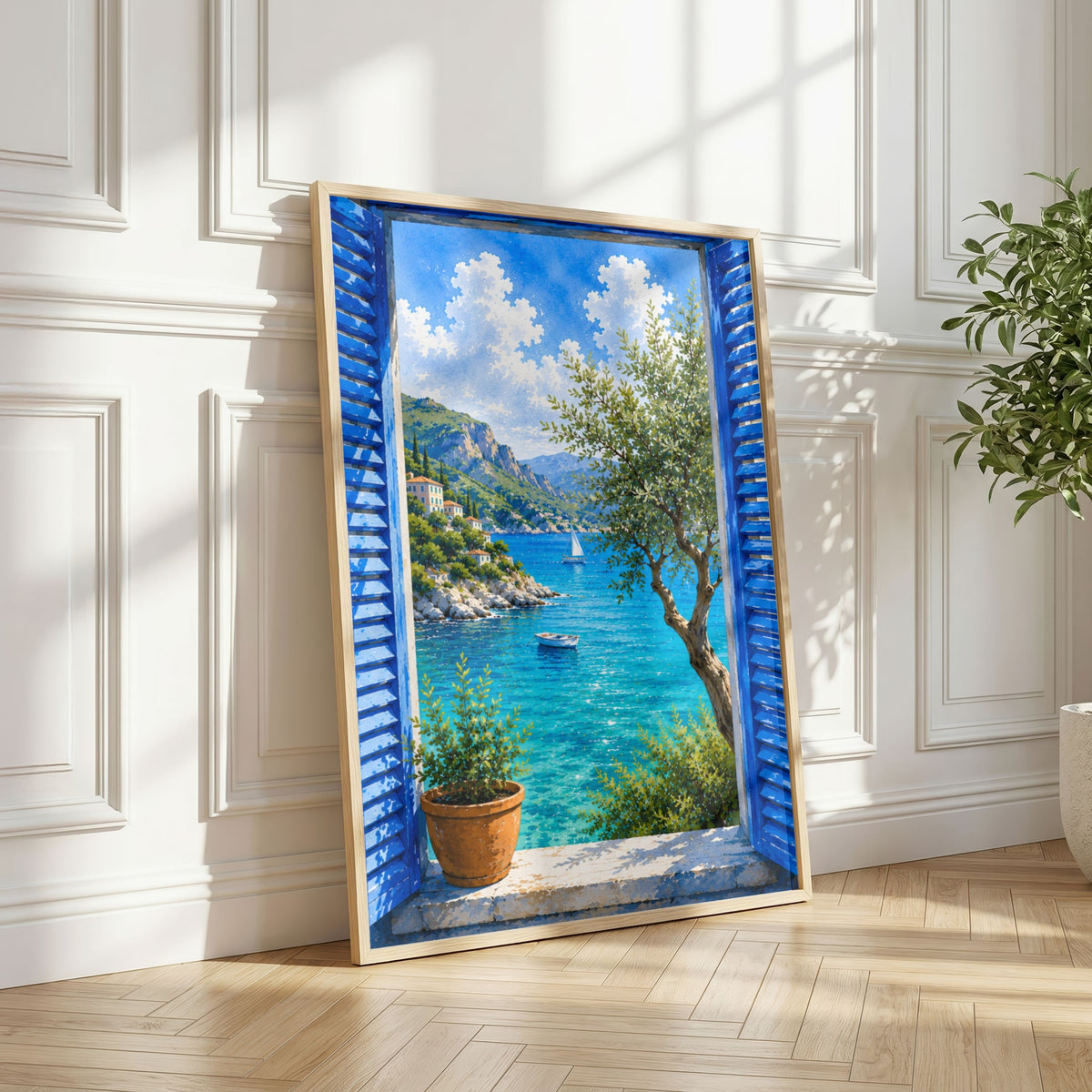 Mediterranean Window Wall Art Set of 3: Blue Shutters, Lemon Trees & Coastal Views Printable