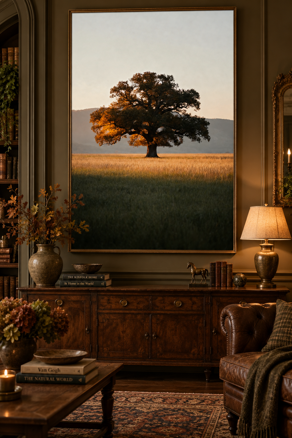 Oak Tree Wall Art: Autumn Countryside Landscape Photography, Golden Hour Nature Decor Printable