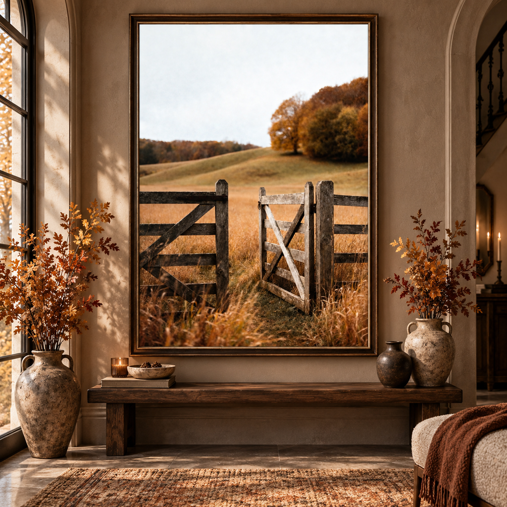 Autumn Countryside Wall Art: Wooden Gate Meadow Landscape Photography Printable