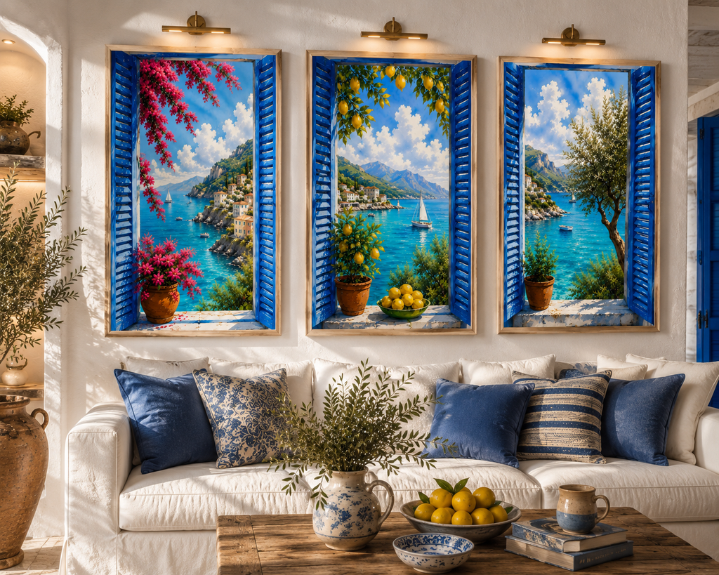 Mediterranean Window Wall Art Set of 3: Blue Shutters, Lemon Trees & Coastal Views Printable