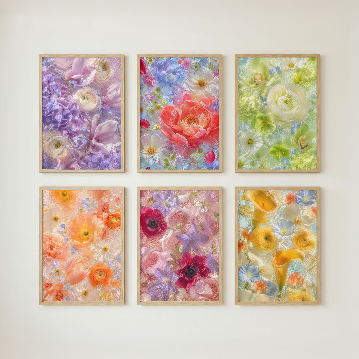Colorful Floral Wall Art Set of 6: Flowers in Water Photography, Botanical Living Room Decor Printable