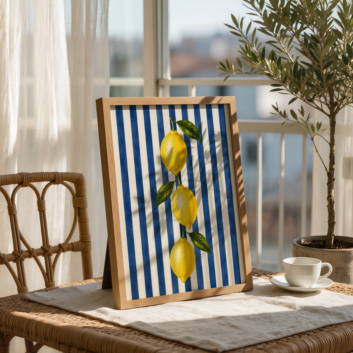 Lemon Wall Art: Mediterranean Italian Kitchen Decor, Blue Striped Printable