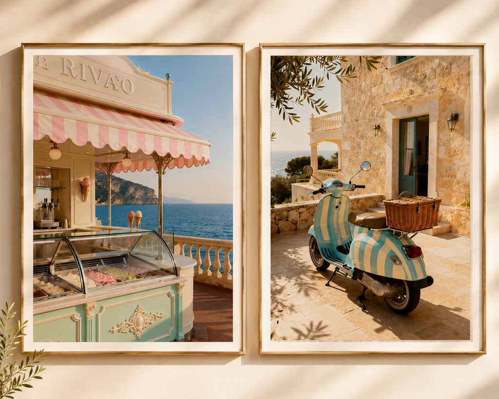 Italian Riviera Wall Art Set of 2: Vintage Scooter & Coastal Photography Printable