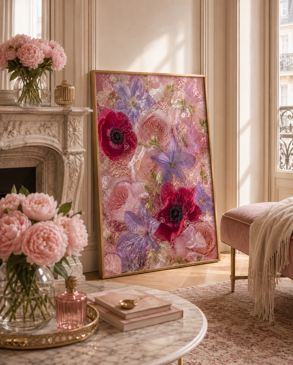 Pink Flower Wall Art: Romantic Anemone & Rose Photography, Feminine Bedroom Decor Printable