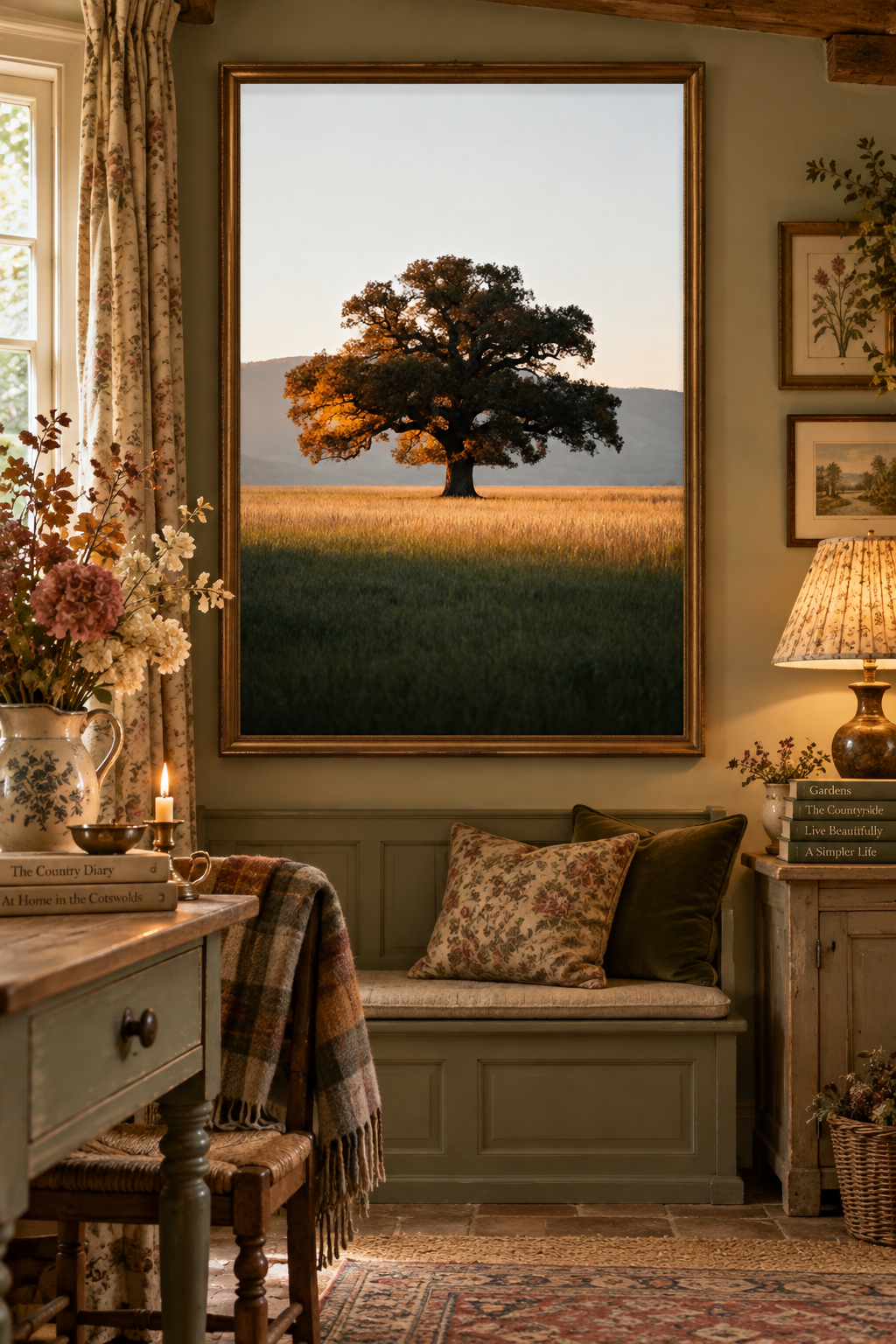 Oak Tree Wall Art: Autumn Countryside Landscape Photography, Golden Hour Nature Decor Printable
