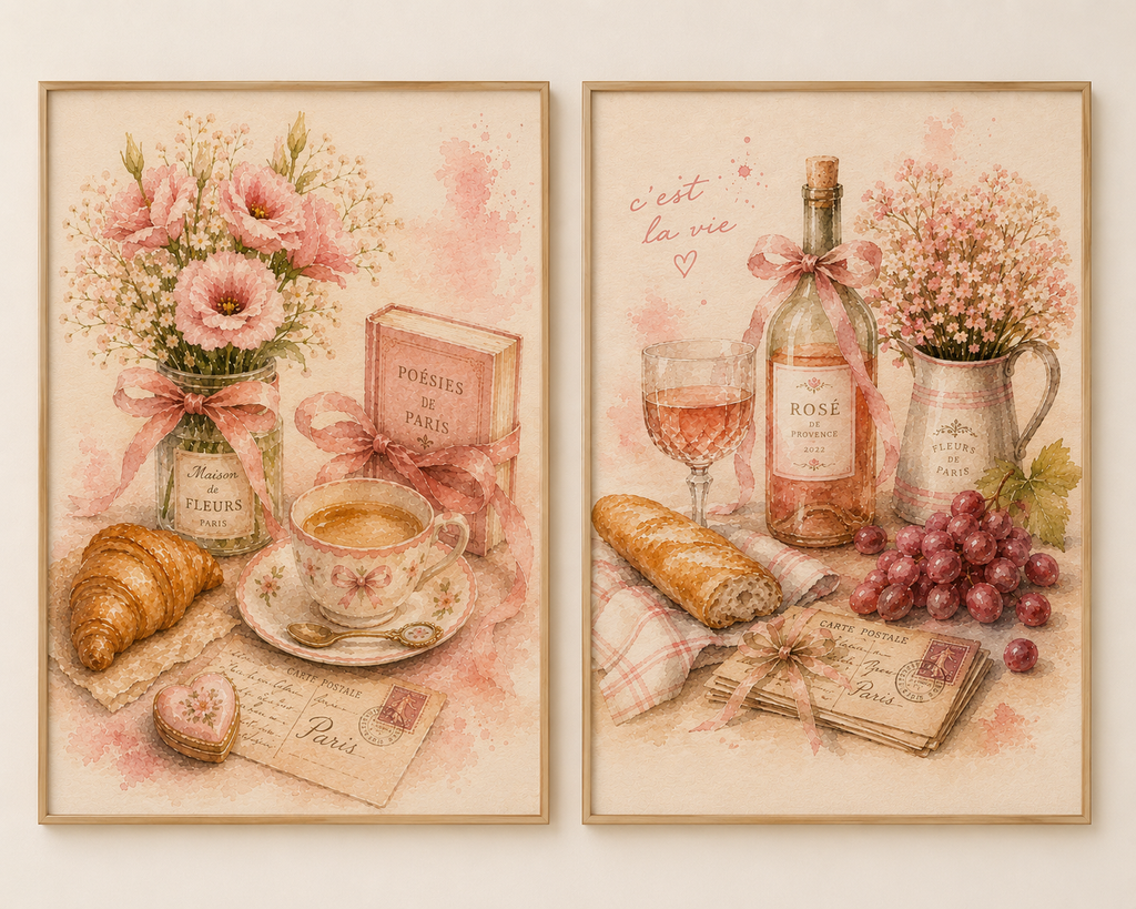 Parisian Romance Wall Art Set of 4: Feminine French Café Printable Collection