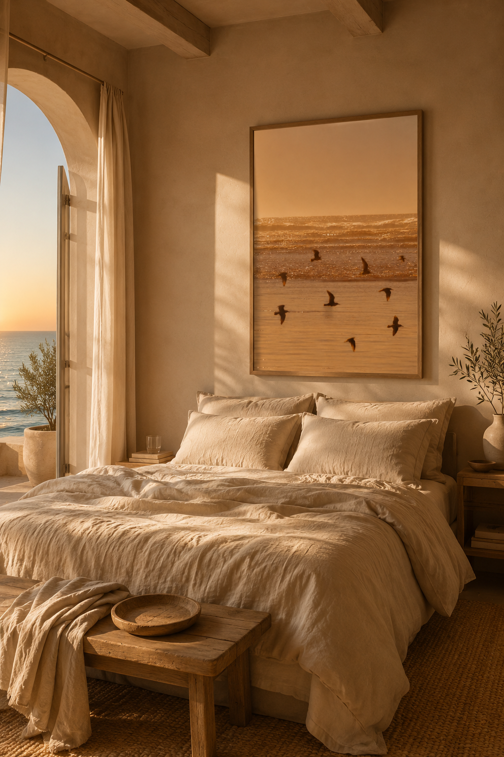 Sunset Wall Art: Golden Hour Beach Photography, Seagull Decor, Neutral Coastal Bedroom Printable