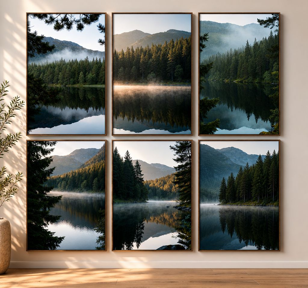 Scandinavian Forest Lake Wall Art Set of 6: Nordic Mountain Nature Landscape Printable