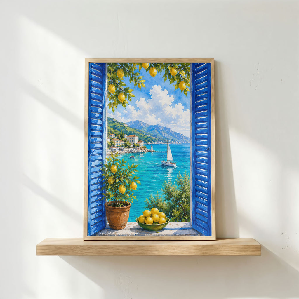 Mediterranean Window Wall Art Set of 3: Blue Shutters, Lemon Trees & Coastal Views Printable