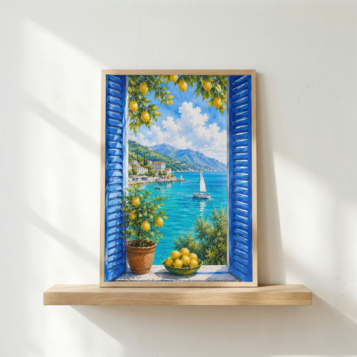 Mediterranean Window Wall Art Set of 3: Blue Shutters, Lemon Trees & Coastal Views Printable